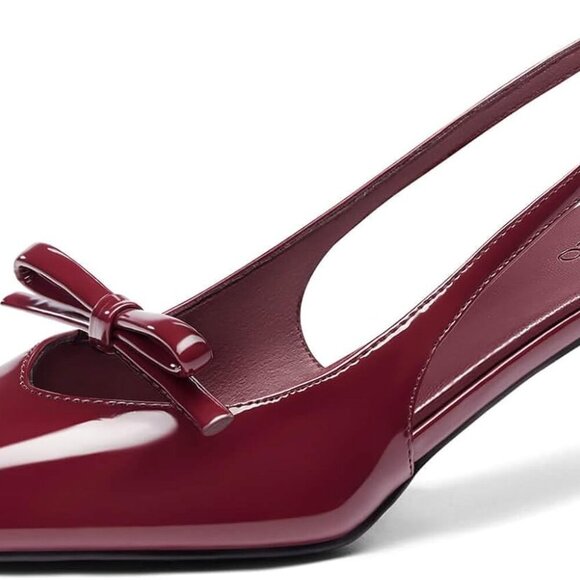 Womens Faux Leather Bow Slingback Heels 2 Inch Kitten Low Dress Shoes